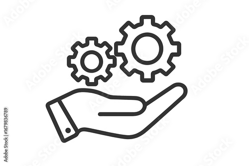 Hand with cogs and gears line icon. Concept of technical support, service, development, and progress. Engineering, automation, and business solutions. Innovation and implementation.