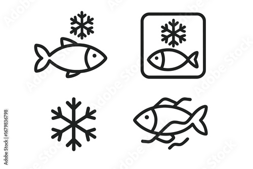 Frozen fish and seafood icon set. Modern outline style symbols for food packaging, labels, apps and design. Vector illustration of fish with snowflake for freezing concept.
