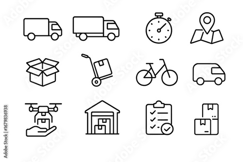 Delivery and transportation line icon set. Logistics, shipping, and distribution symbols. Includes truck, van, drone, bicycle, package, and warehouse for web and app design.