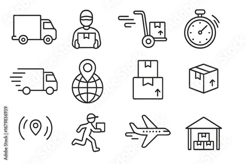 Delivery and transportation line icon set. Logistics, shipping, and courier service symbols. Outline vector icons for web, app, and e-commerce. Fast delivery, tracking.