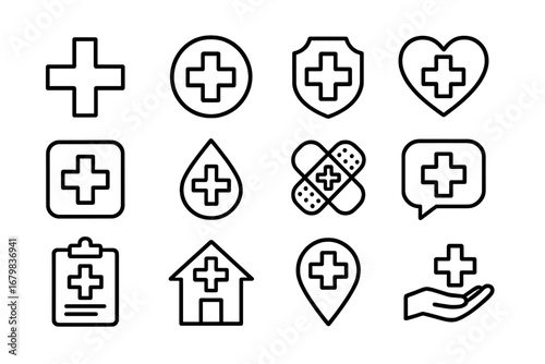Medical and Healthcare Thin Line Icon Set. Medicine, hospital, first aid, and pharmacy outline symbols. Vector graphic elements for web, app, and UI design. Health insurance.