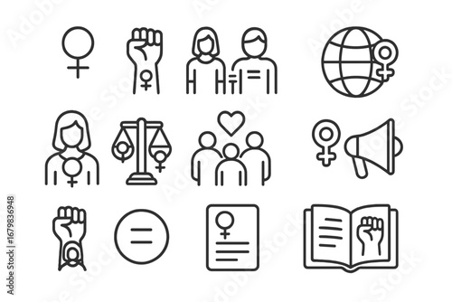 Gender equality and feminism line icon set. Collection of women empowerment, female rights, activism, protest, social justice, unity, diversity vector symbols. Editable stroke.