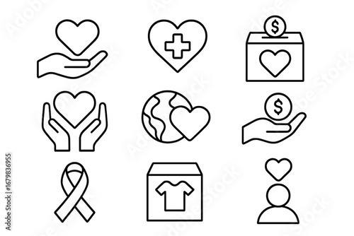 Charity and donation thin line icon set. Vector symbols of giving, love, care, and support for nonprofit organization, fundraising event, or humanitarian aid project.