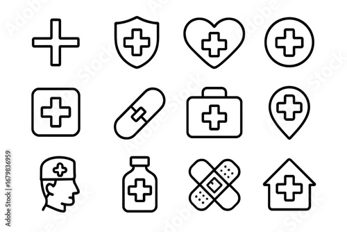 Medical and healthcare thin line icon set. Vector symbols for health, medicine, hospital, and pharmacy services. Outline pictograms for doctor, first aid, pills, and emergency care.