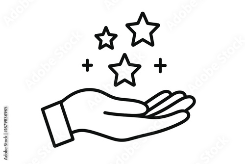 Hand holding stars concept. Value-added service icon. Quality, rating, and customer satisfaction symbol. Bonus points and benefits illustration for business and marketing.