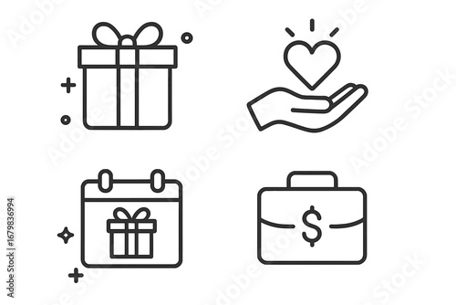 Gift, charity, and business icon set. Vector line art symbols for donation, corporate present, financial bonus, holiday event, and employee loyalty program. Modern outline pictogram.