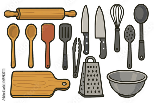 Cooking tools and kitchen utensils set. Vector cartoon illustration of culinary equipment. Flat icon collection for food preparation, cooking blog, or restaurant menu design.