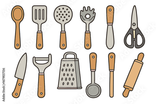 Vector icon set of kitchen utensils and cooking tools. Flat cartoon illustration of culinary equipment for food preparation. Isolated graphics of spoon, knife, grater.