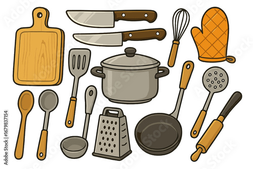 Cooking tools & kitchen utensils icon set. Vector cartoon illustration for culinary design. Includes pot, pan, knife, spoon, grater, whisk. Isolated kitchenware collection.