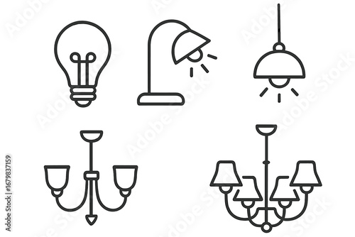 Illumination line icon set. Light bulb, desk lamp, pendant, and chandelier outline icons for graphic design. Vector symbols for electricity, ideas, and home decor.
