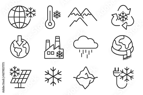 Climate change and global cooling line icon set. Winter weather, ecology, and environment thin line vector icons. Ice age, cold temperature, snowflake, iceberg for web design.