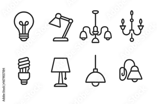 Illumination line icon set. Light bulb, lamp, luster, chandelier outline signs. Lighting fixtures for interior design. Vector pictogram collection for web, app, graphic design.