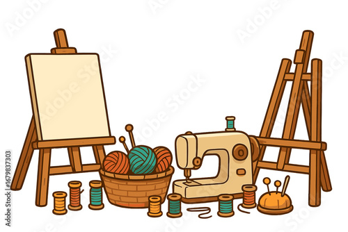 Crafting and art supplies for handmade hobbies. Sewing machine, knitting yarn, artist easel. DIY workshop concept. Vector cartoon illustration for creative projects.