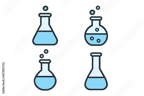 Science and chemistry lab flask icon set. Vector illustration of laboratory glassware with chemical liquid. Flat design pictogram for research, experiment, and education.