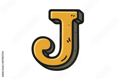 Letter J monogram in 3D cartoon style for logo design. Retro vintage typography. Yellow alphabet initial symbol. Bold comic font character. Vector illustration isolated.