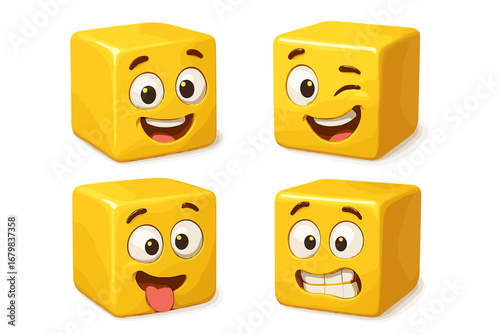 Yellow cube emoji 3D emoticon set. Funny cartoon character face expressions. Vector illustration collection of glossy cubic mascots. Happy, winking, silly, and nervous emotions.