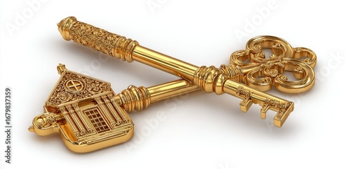 Ornate, golden keys depict a grand architectural structure, symbolizing new beginnings and future opportunities.