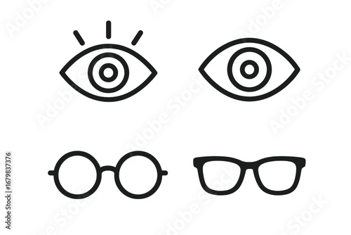 Eye and glasses icon set in modern outline style. Vector symbols for vision, sight, looking, and ophthalmology. Eyewear and spectacles illustration for optometry design.