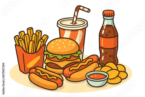 Fast food combo meal set. Vector cartoon illustration of hamburger, cheeseburger, french fries, hot dogs, soda drink and chips. Junk food or unhealthy eating concept design.