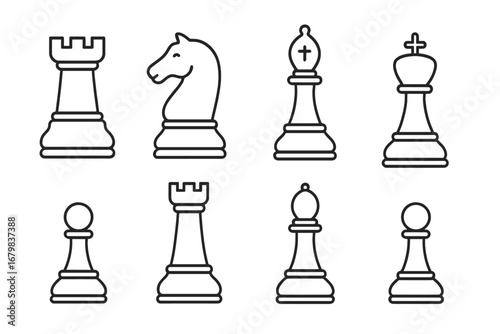 Chess pieces line icon set. Vector symbols of king, rook, bishop, knight, pawn for strategy game. Editable stroke outline pictogram collection for infographics and design.