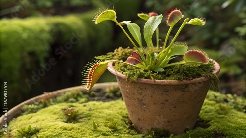 Exotic pitcher plant in a clay pot, vibrant green with red-tipped carnivorous pitchers, surrounded by moss, dramatic close-up