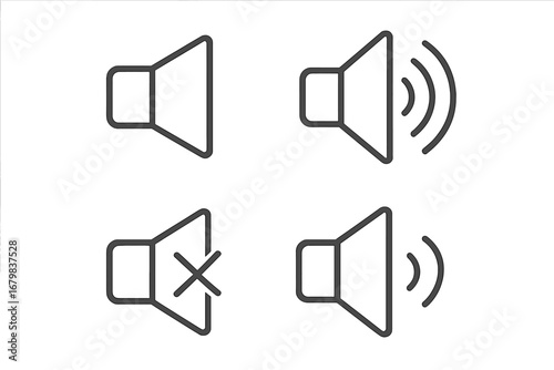 Speaker sound volume icon set. Loudspeaker audio pictogram collection for UI UX design. Megaphone line symbols for web, mobile app. Mute, on, off, high, low volume signs.
