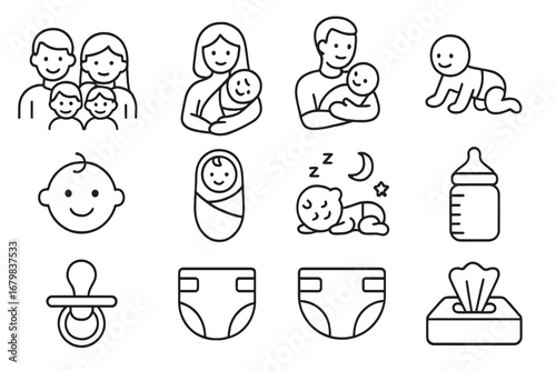 Family, baby care, newborn line icon set. Parenting, maternity, childcare symbols. Mother, father, child, diaper, bottle, pacifier, wipes. Vector outline pictogram collection.