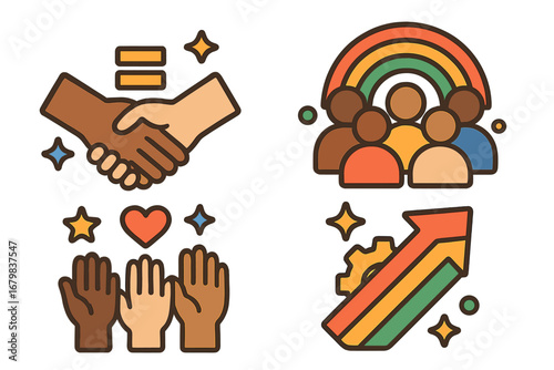 Set of diversity and inclusion icons. Symbols for equality, community, and progress. Handshake, multicultural people, rainbow, and growth arrow. Vector illustration for unity.