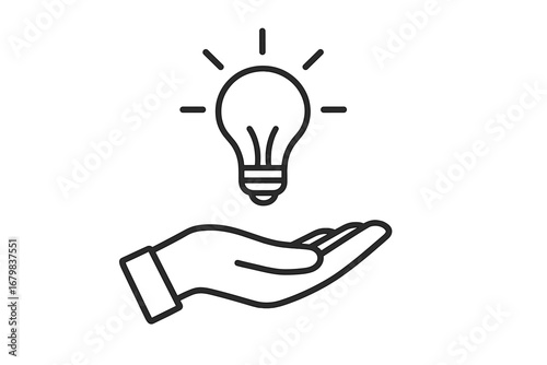 Hand holding light bulb line icon. Concept of new idea, innovation, inspiration and creativity. Business solution, knowledge sharing, and support symbol. Vector illustration.