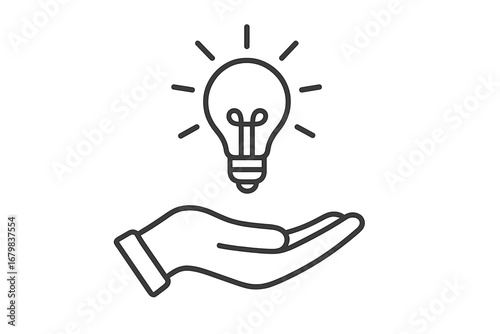 Hand holding light bulb line icon. Symbol of idea, innovation, creativity, invention. Concept of giving, sharing knowledge, solution, support. Thin vector illustration.