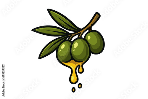 Vector cartoon logo of a fresh olive branch with dripping golden oil. Symbol for natural, organic, healthy food. Concept for extra virgin olive oil, mediterranean diet.