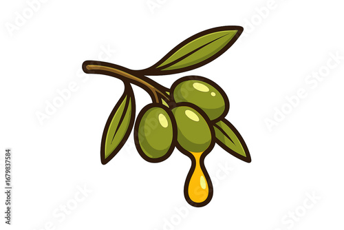 Olive branch with dripping golden oil drop. Fresh organic food concept. Healthy virgin oil for mediterranean diet. Vector logo illustration, cartoon icon symbol for packaging.