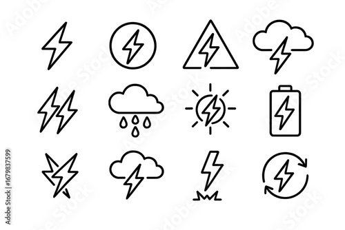 Lightning bolt thin line icon set. Power energy, electricity charge, storm thunder flash symbols. Vector editable stroke pictogram collection for web, apps. Weather forecast concept.