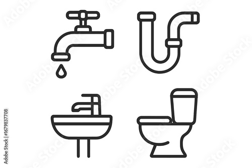 Plumbing service & sanitary ware linear icon collection. Water tap, sink pipe, toilet bowl & washbasin symbols. Thin line vector graphics for bathroom renovation or repair concepts.