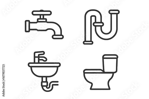 Plumbing line icon set. Faucet, pipe, sink, and toilet outline icons. Sanitary ware and bathroom fixtures concept for web and graphic design. Simple vector pictogram collection.