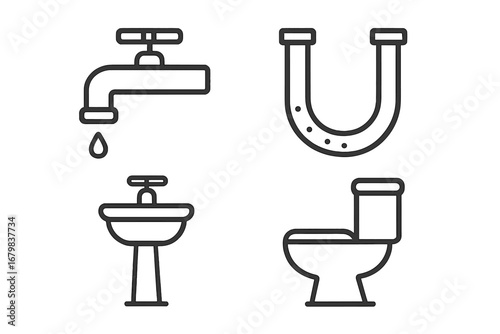 Plumbing and bathroom line icon set. Faucet, sink, toilet, and pipe symbols. Minimalist vector illustration for web, mobile apps, and graphic design. Sanitary ware pictograms.