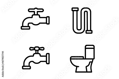 Plumbing service line icon set. Faucet, water tap, drain pipe, toilet symbols. Sanitary ware outline pictograms for bathroom, restroom, UI, UX and web design. Vector.
