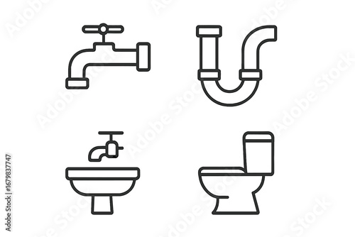 Plumbing service line icon set. Bathroom fixtures, toilet, sink, water faucet and pipe trap vector icons. Minimalist pictograms for plumber repair or sanitation concepts.