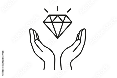 Hands holding a brilliant diamond. Linear icon for premium quality, value, and care. Concept of luxury, wealth, and success. Vector symbol for business and finance.