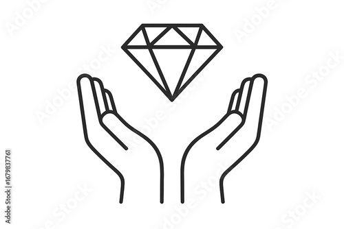 Diamond in hand icon. Concept of quality, value and wealth. Premium product, luxury gift symbol. Jewelry care and insurance. Vector line illustration for business and finance.