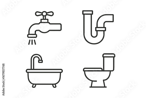 Plumbing line icon set with bathroom fixtures. Faucet, pipe, toilet and bathtub minimal linear pictograms. Sanitary engineering and home repair graphic symbols for web.