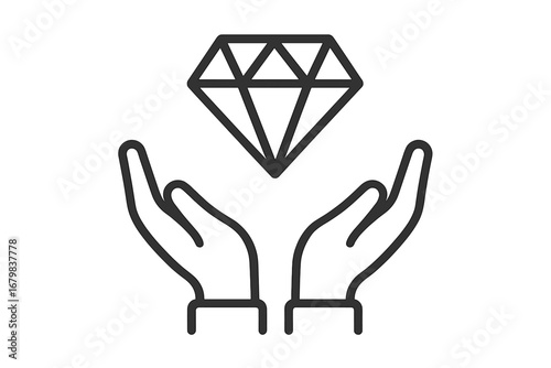 Hands cupping a precious diamond icon. Premium quality and value concept. Linear symbol for luxury, wealth, care, investment, and core principles. Business and finance vector.