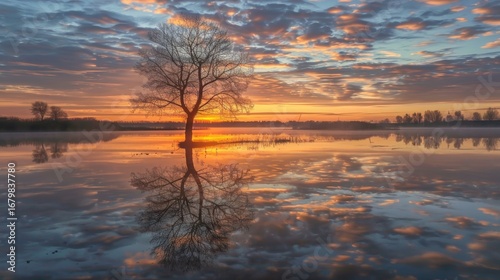 Stunning sunrise over tranquil lake with tree silhouette reflecting in water, evokes peace