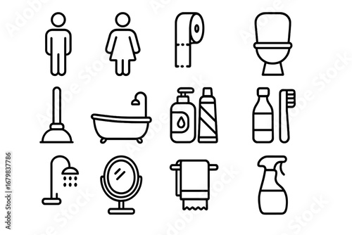 Bathroom line icon set. Restroom outline symbols collection. Toilet, shower, bath, hygiene, personal care items. Vector pictogram bundle for web, apps, and graphic design.
