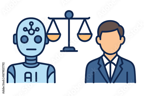 Artificial intelligence ethics, law, and regulation. Robot and human with justice scale. AI moral responsibility, modern technology policy, and legal judgment concept illustration.