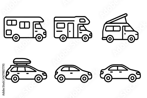 Car and motorhome line icon collection. RV, camper van, and caravan transport symbols. Road trip, travel, and vacation outline sign set. Automotive vector illustration.