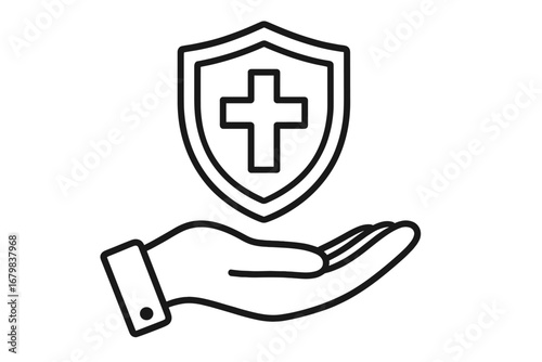 Linear outline icon of hand offering protective shield with medical cross, healthcare insurance safety, hospital support, charity, secure aid, emergency service, wellness safeguard vector illustration