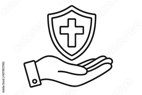 Medical insurance protection concept. Outstretched hand holding shield with cross. Healthcare safety symbol. Hospital care guarantee. Linear vector icon. Health aid, emergency, security illustration.