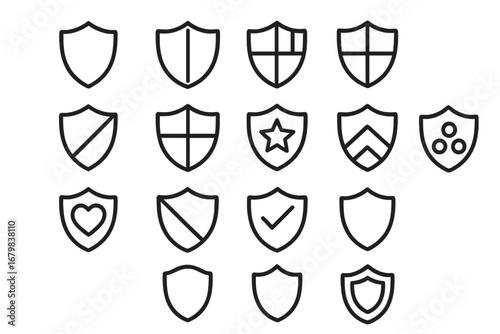 Shield icon set for security, protection and safety concepts. Vector line art emblems for antivirus, data privacy or insurance. Guard badge collection with checkmark and heart.