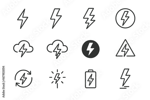 Lightning Bolt Line Icons Set. Simple Electric Energy Symbol Collection. Editable Stroke Voltage, Power, Electricity, Weather, Battery, Renewable Vector. Modern Minimal Outlined Illustrations.